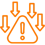 Line drawing of an alert symbol surrounded by down arrows.