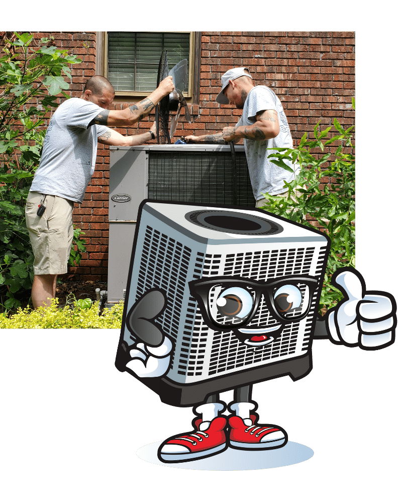 Team of 2 hvac technicians performing HVAC maintenance on an air conditioning unit outside. Image also includes animated HVAC Unit Character giving a thumbs up